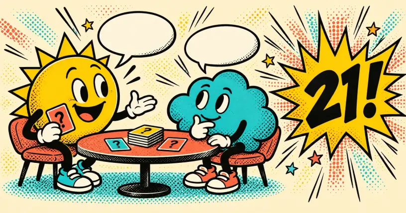 Two cartoon mascots playing a question game across a table with numbered cards and a comic starburst reading 21
