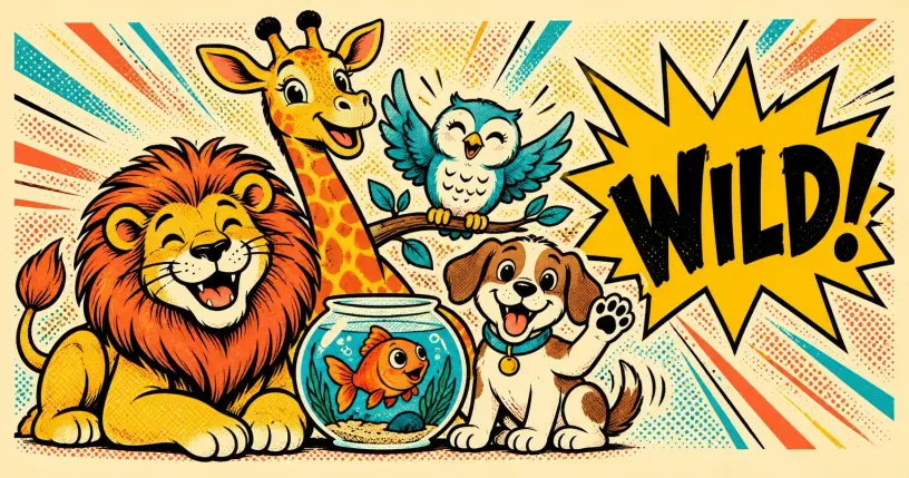 Cartoon lineup of a lion, giraffe, owl, fish and dog, comic starburst reading wild