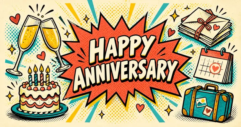 Retro-comic cartoon hero banner for anniversary date ideas
