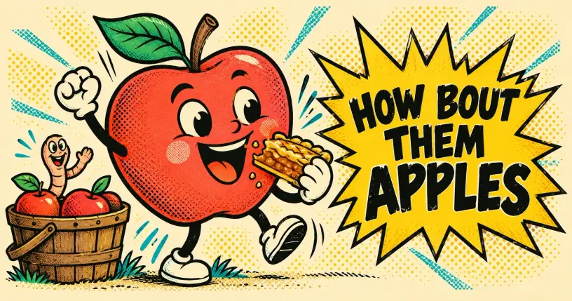 Cartoon apple eating a slice of pie with a comic starburst reading how bout them apples
