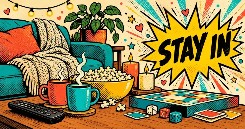 Retro comic cozy night-in objects with a starburst reading stay in