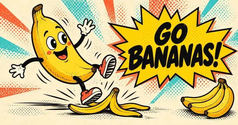 Retro-comic cartoon banana grinning as it slips on a peel beside a bold yellow 'Go bananas!' starburst, with a bunch of bananas nearby, the hero image for One Perfect Day's banana jokes.