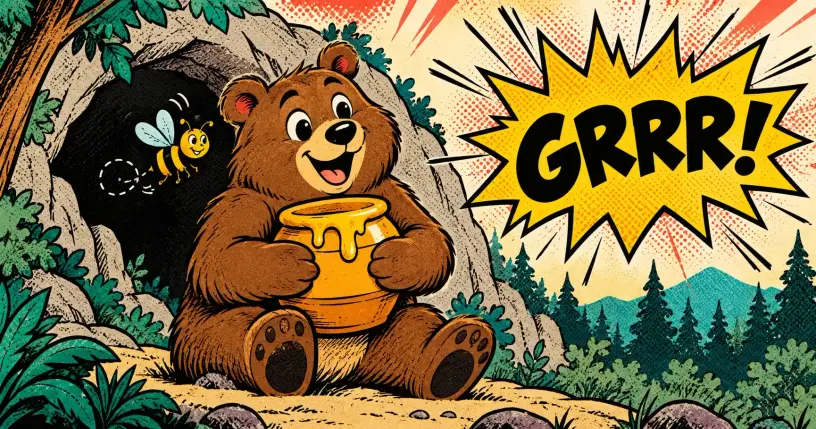 Cartoon brown bear hugging a honey pot with a buzzing bee, comic starburst reading grrr