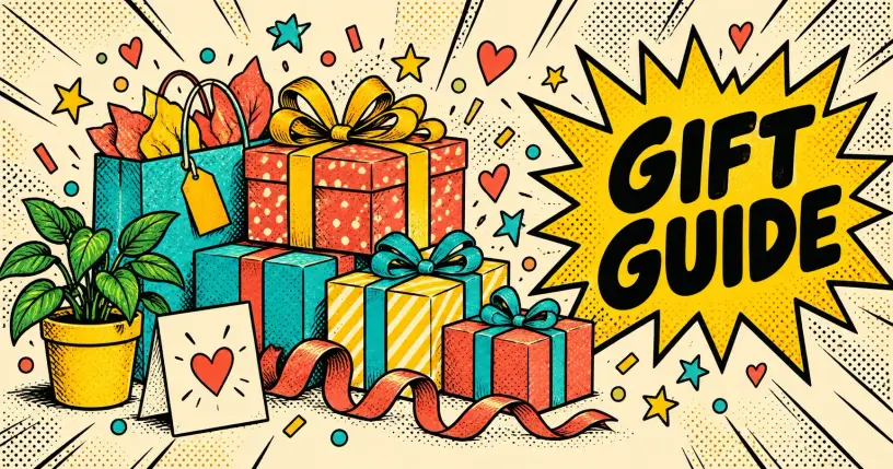 Retro comic wrapped gifts and ribbons with a starburst reading gift guide