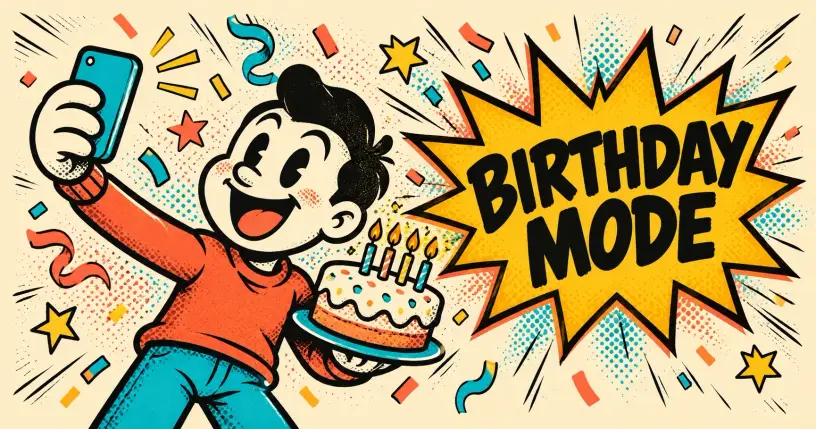 Cartoon mascot with a birthday cake and selfie phone, comic starburst reading birthday mode
