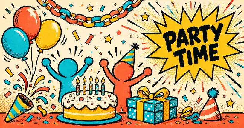 Comic birthday scene with cake, balloons, and confetti, starburst reading party time