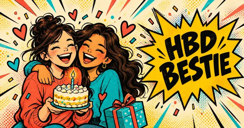 Two cartoon best friends laughing with a birthday cake, comic starburst reading HBD BESTIE