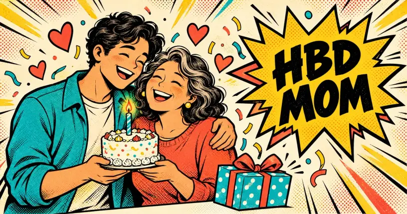 Cartoon child giving mom a birthday cake, comic starburst reading HBD MOM