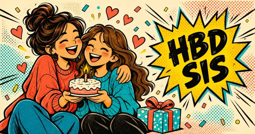 Two cartoon sisters sharing a birthday cake, comic starburst reading HBD SIS