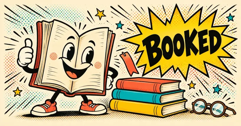 Cheerful cartoon open-book mascot in a reading nook, comic starburst reading booked