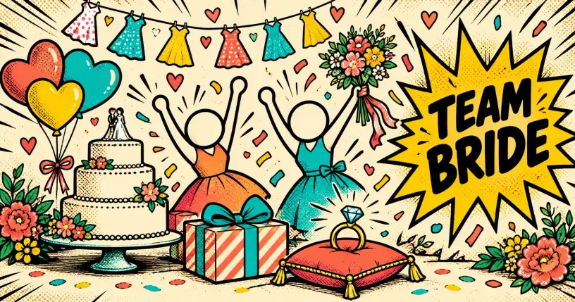 Comic bridal shower scene with cake, bouquet, ring and balloons, starburst reading team bride