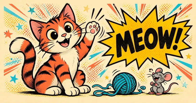 Cartoon cat waving a paw with a ball of yarn, comic starburst reading meow