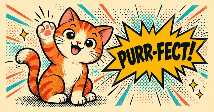 Cheerful cartoon cat mascot waving, comic starburst reading purr-fect