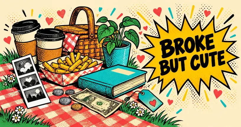 Retro comic low-cost date objects with a starburst reading broke but cute