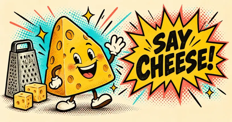 Cartoon wedge of cheese grinning for a photo, comic starburst reading say cheese