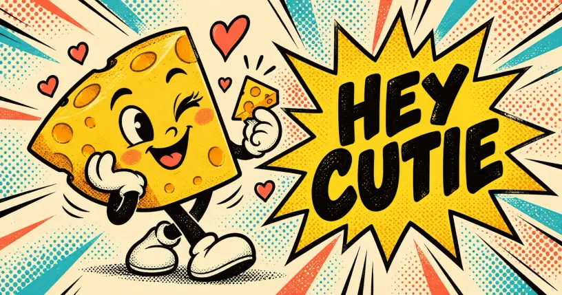 Cartoon mascot winking with a cheese wedge and a heart, comic starburst reading hey cutie