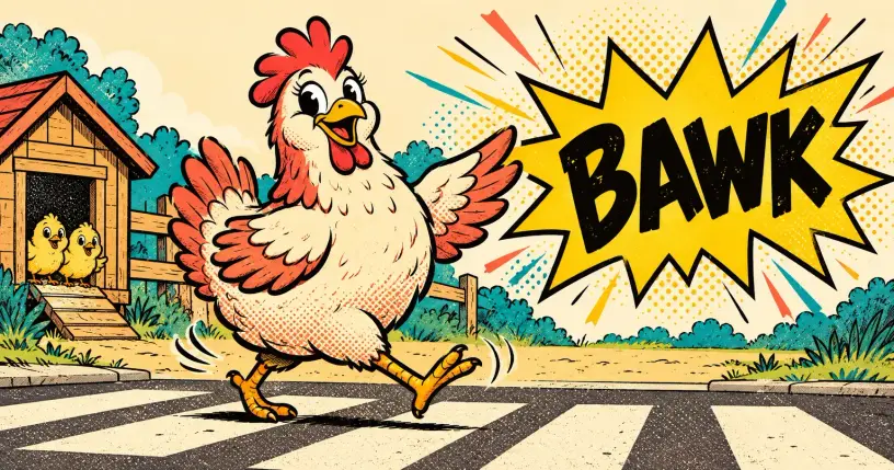 Cartoon hen strutting across a crosswalk with a comic starburst reading bawk