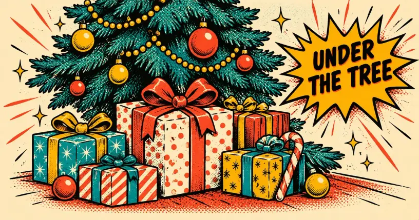 Retro-comic cartoon hero banner for christmas gift ideas