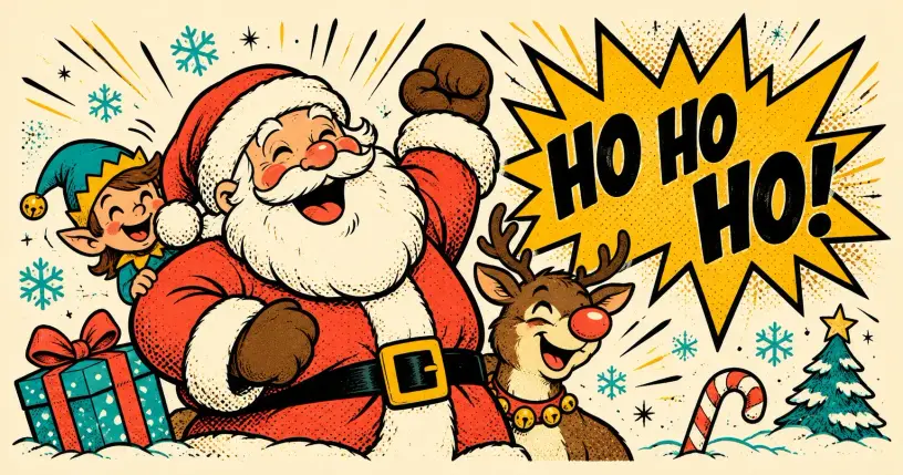 Cartoon Santa, elf and red-nosed reindeer with a comic starburst reading ho ho ho