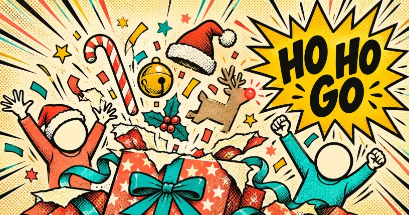 Comic Christmas party scene with wrapped gift, candy cane, and reindeer, starburst reading ho ho go