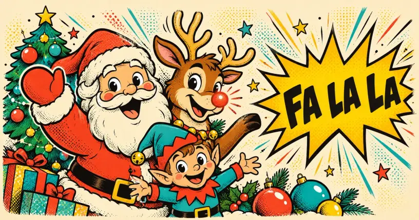Friendly cartoon Santa, reindeer, and elf with a comic starburst reading fa la la