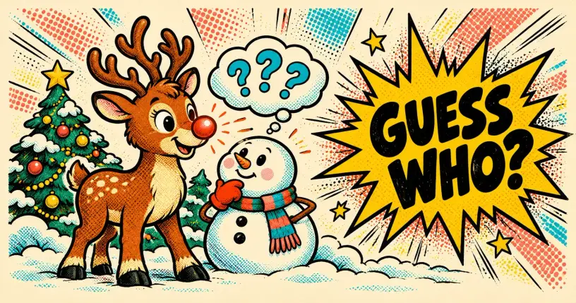 Cartoon reindeer and snowman guessing by a Christmas tree, comic starburst reading guess who