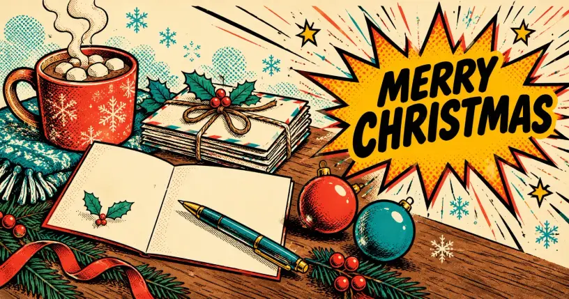 Open Christmas card, pen, cocoa and ornaments with a comic starburst reading Merry Christmas