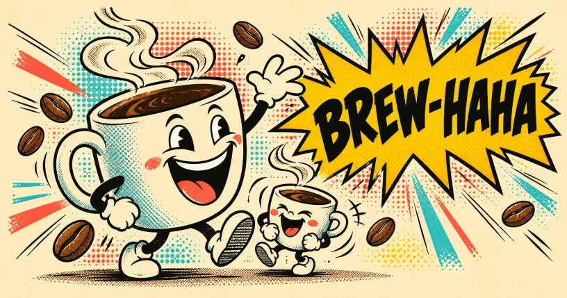 Laughing cartoon coffee-cup mascot, comic starburst reading brew-haha