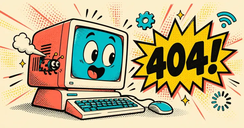 Cartoon desktop computer with a surprised face and a bug, comic starburst reading 404
