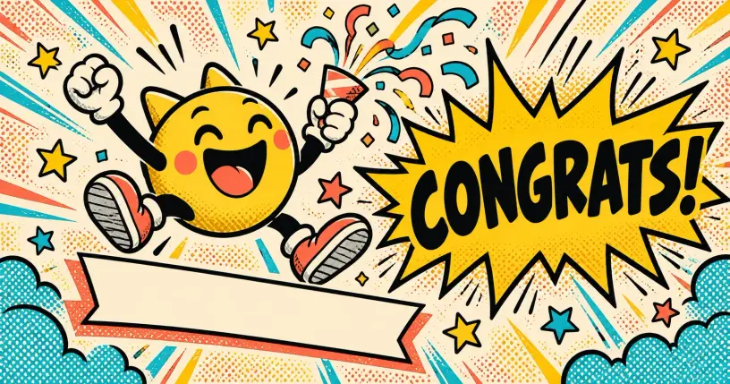 Cartoon mascot cheering under confetti and streamers, comic starburst reading CONGRATS!