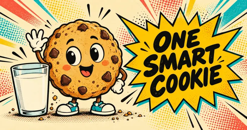 Cartoon chocolate chip cookie waving by a glass of milk, comic starburst reading one smart cookie
