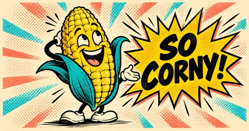 Cartoon corn-cob mascot mid eye-roll after a terrible pun, comic starburst reading so corny