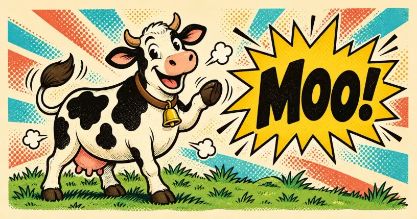 Cartoon cow with a cowbell waving, comic starburst reading moo