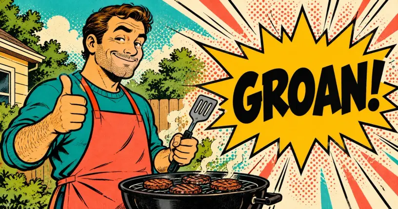 Retro-comic cartoon dad in an apron giving a proud thumbs up beside a blank starburst speech bubble, the hero image for One Perfect Day's dad jokes