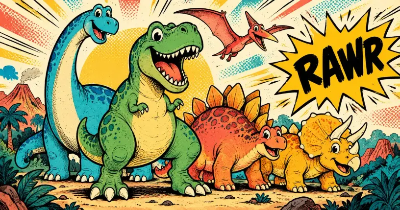 Cartoon T-rex, Brontosaurus, Stegosaurus, Triceratops and Pterodactyl with a comic starburst reading rawr