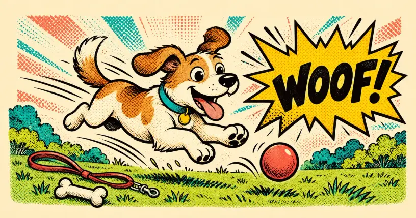 Cartoon dog leaping after a ball with a bone and leash, comic starburst reading woof