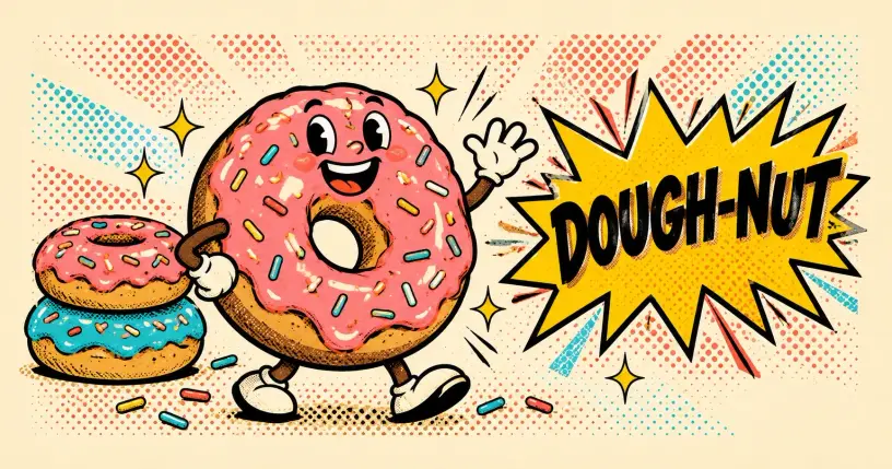 Cartoon pink-glazed donut with sprinkles grinning and waving, comic starburst reading dough-nut