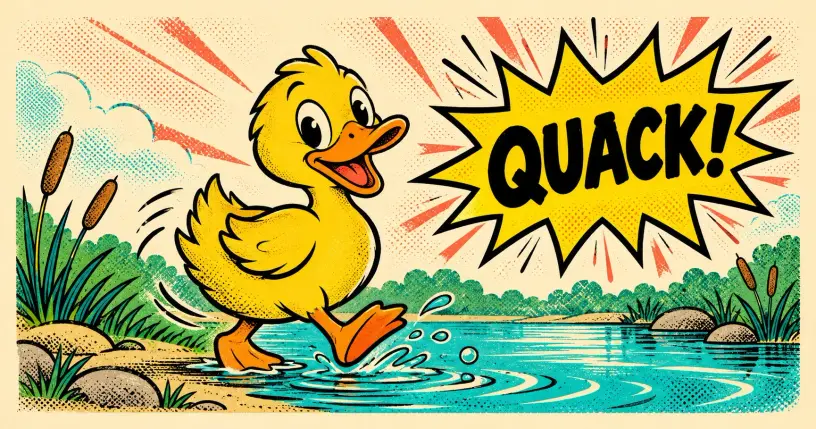 Cartoon yellow duck waddling at the edge of a pond, comic starburst reading quack
