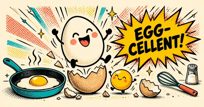 Cartoon egg mascot cheering out of a cracked shell with a comic starburst reading egg-cellent