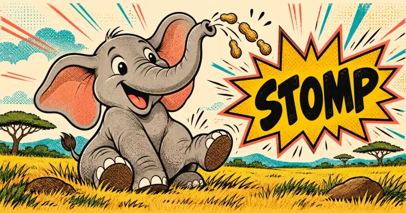 Cartoon gray elephant trumpeting peanuts from its trunk, comic starburst reading stomp