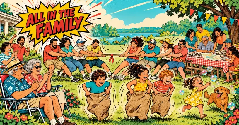 Retro-comic cartoon hero banner for family reunion games