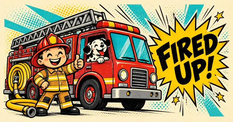Cheerful cartoon firefighter and red truck with a Dalmatian, comic starburst reading fired up