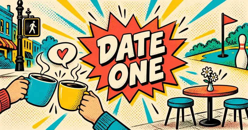 Retro-comic cartoon hero banner for first date ideas