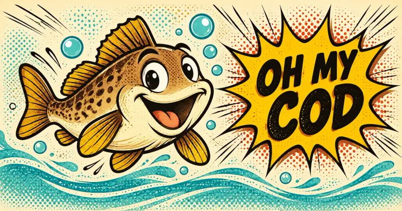 Cheerful cartoon fish mascot, comic starburst reading oh my cod