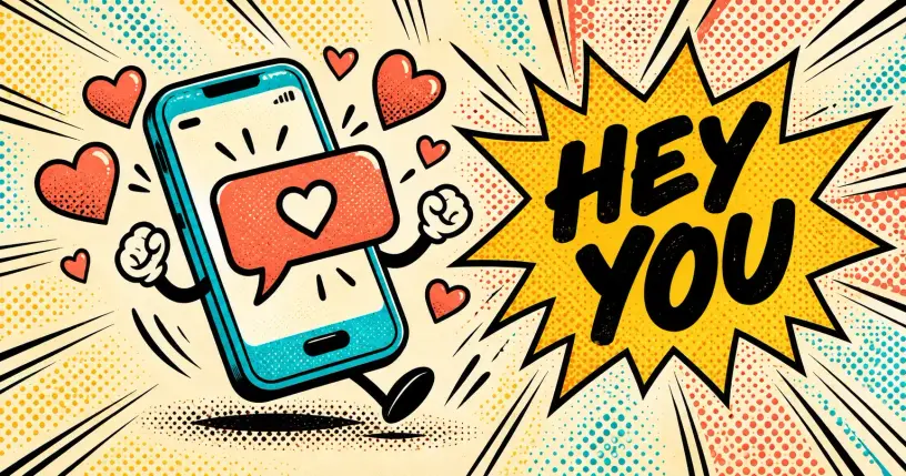 Cartoon phone with a chat bubble and floating hearts, comic starburst reading hey you