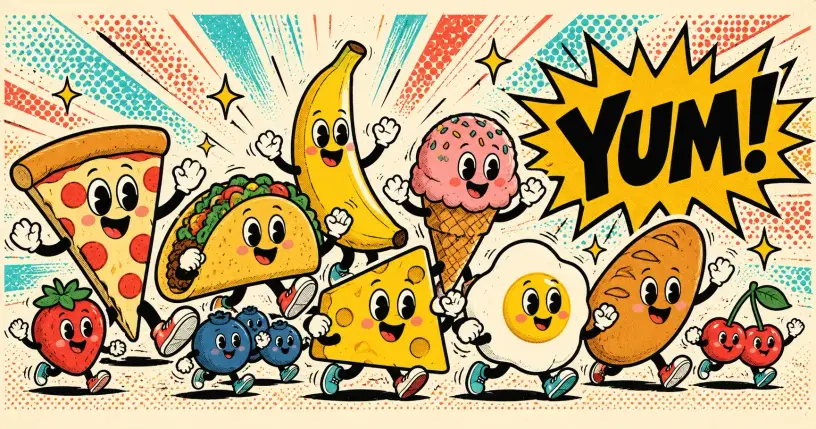 Cartoon food mascots crowding a comic banner with a starburst reading yum