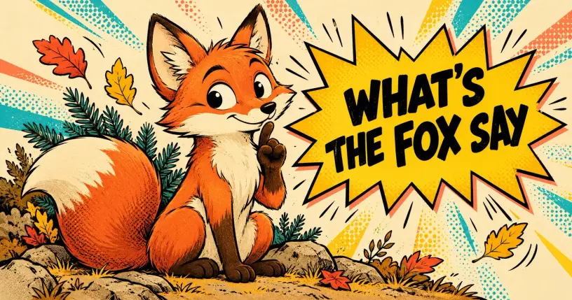 Cartoon red fox grinning slyly with a bushy tail and a raised paw next to a comic starburst reading what's the fox say