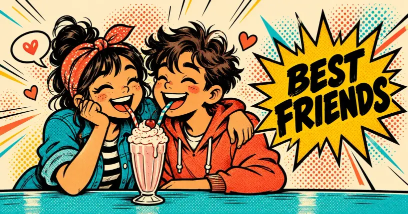 Two cartoon friends laughing side by side, comic starburst reading BEST FRIENDS