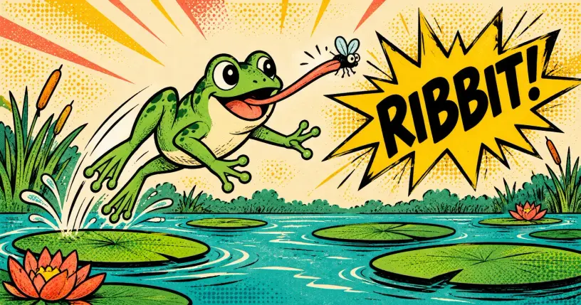 Cartoon green frog hopping on a lily pad catching a fly, comic starburst reading ribbit