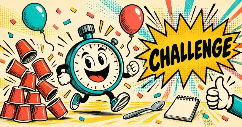 Cheerful cartoon stopwatch with party cups and balloons, comic starburst reading challenge